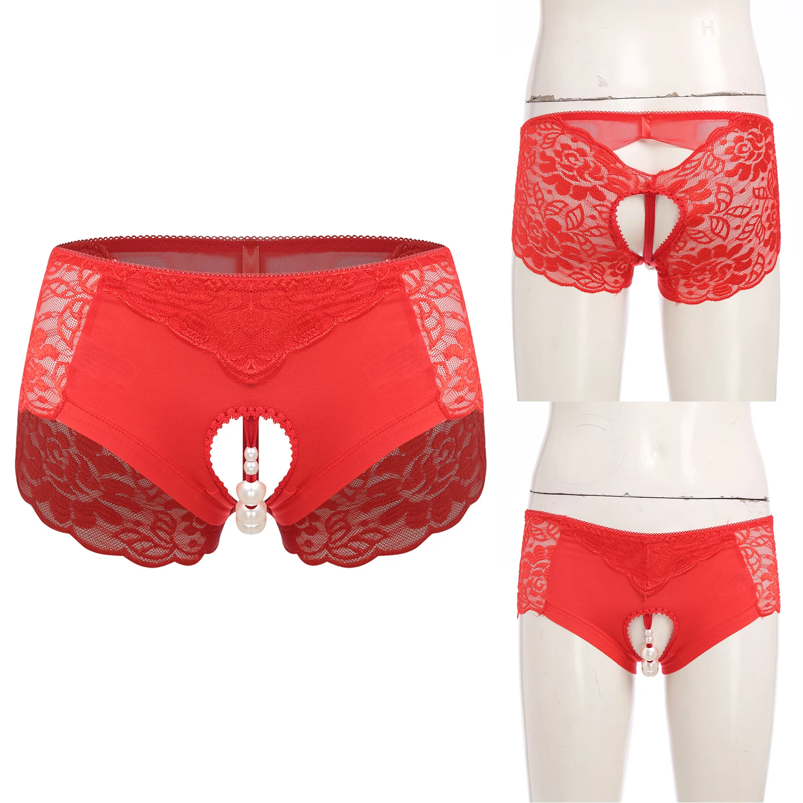 

Womens Sexy Floral Lace Crotchless Briefs See Through Low Rise Faux Pearl Band Hollow Out Panties Lingerie Underwear