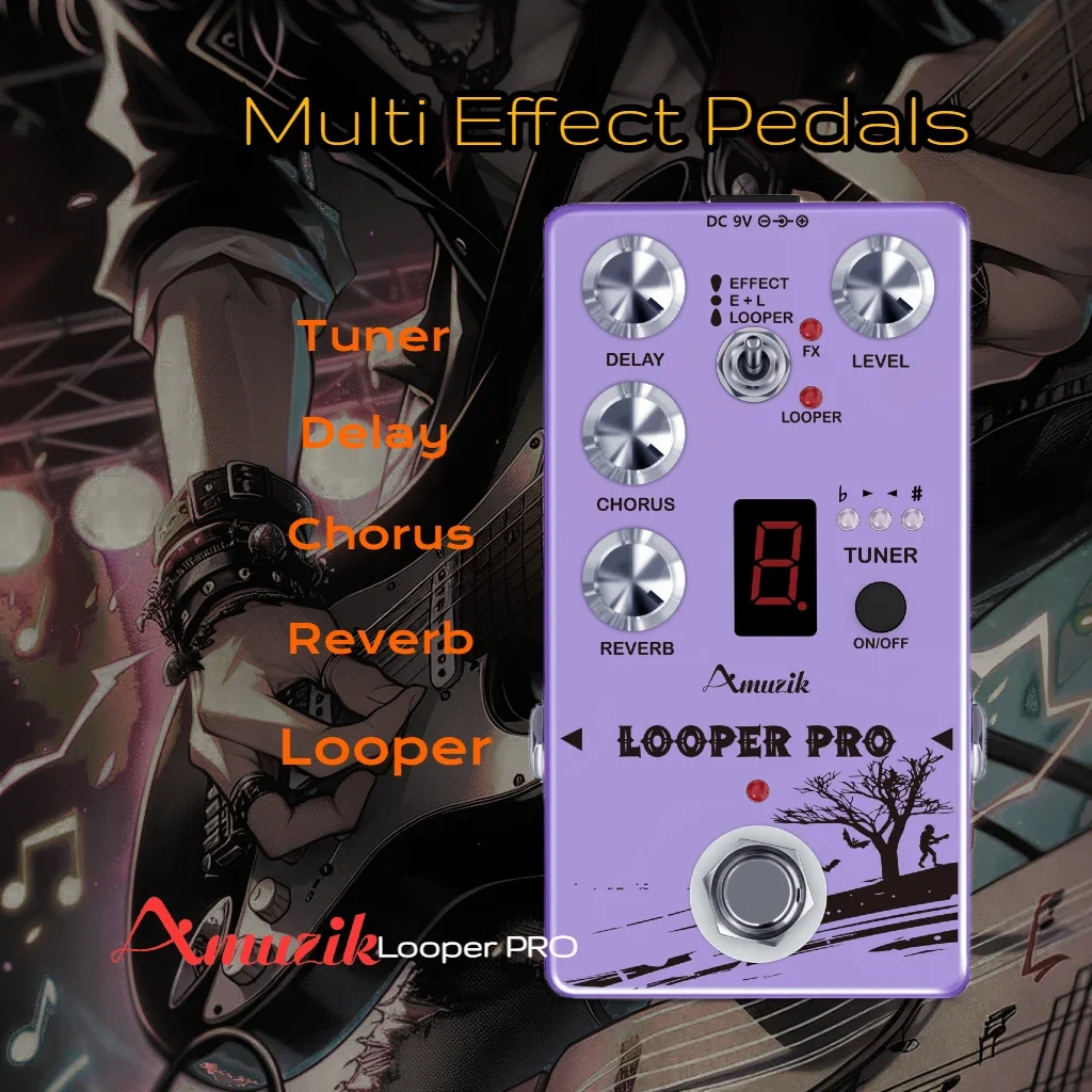 Amuzik Looper Pro Multi-Effect Guitar Pedal Bass Pedal with Reverb Chorus Delay Tuner Looper Effects Combination RE-V5