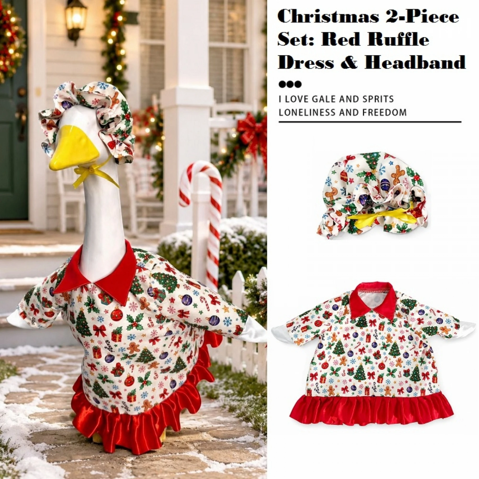 Porch Goose Christmas Outfit Gingerbread Man Bow Print Dress with Ruffled Hat Festive Costume for 23 Inch Goose Statue