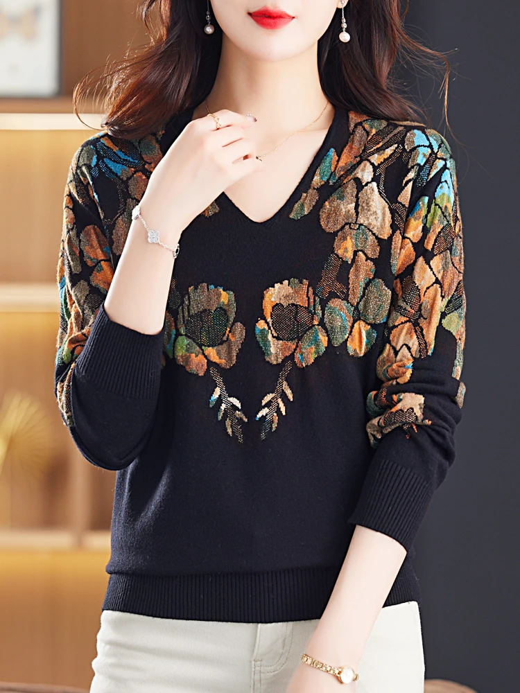 

Floral Print Sweaters Autumn Spring Soft V Neck Knitwears Pullover Pull Femme Female Casual Jumper Long Sleeve Women's Sweater