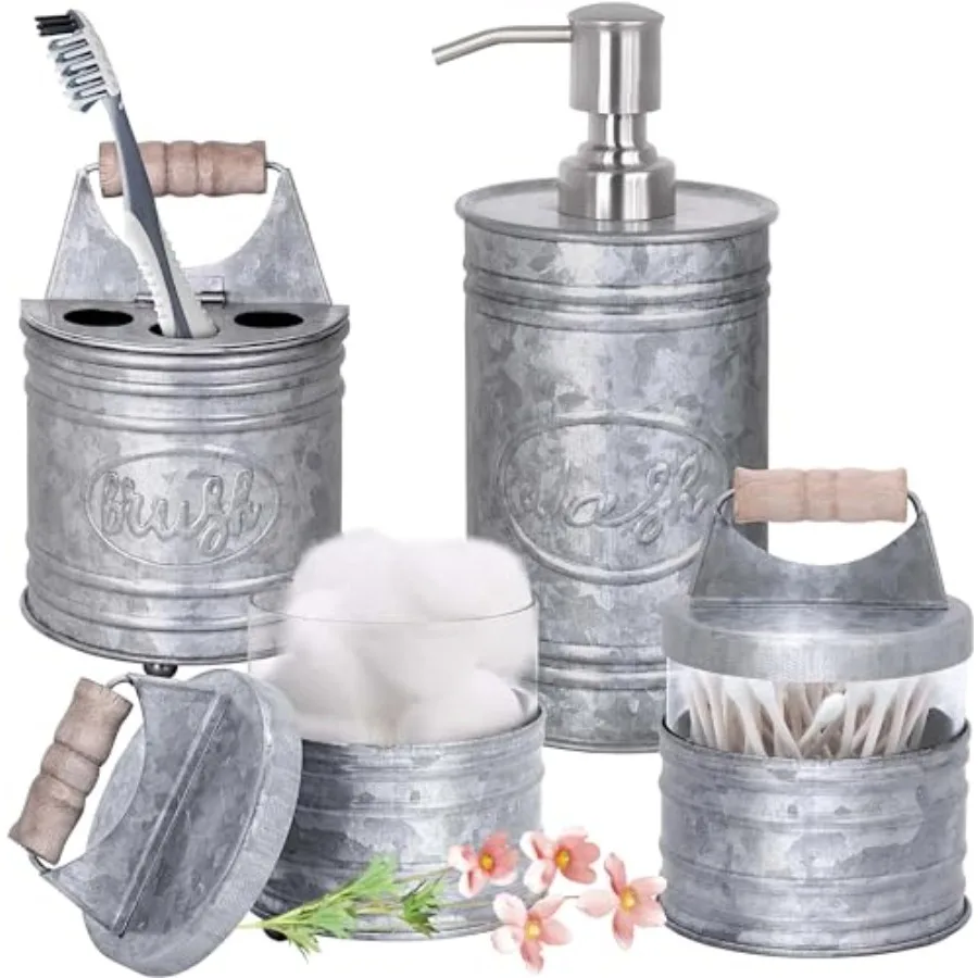 

Rustic Bathroom Accessories Set 4 - Soap Dispenser Rustic Toothbrush Holder 2 Apothecary Jars Qtip Holder - Western Bathroom De