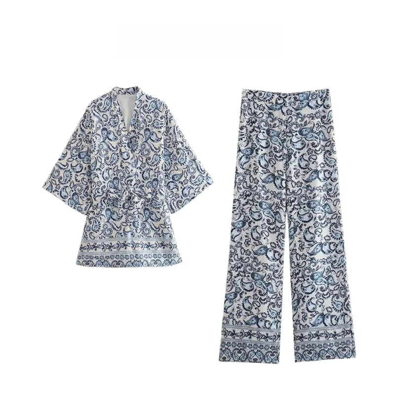 

Faionable Summer Women's Loose Linen Print Kimono Sle Jaet Pants Set Polyester Material 2023 Summer Collection