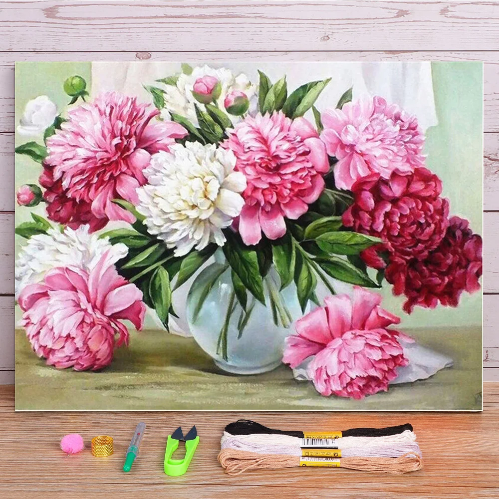 Peony Flowers House Printed 11CT Cross-Stitch Complete Kit Embroidery DMC Threads Knitting Handmade Painting Handiwork   Sales