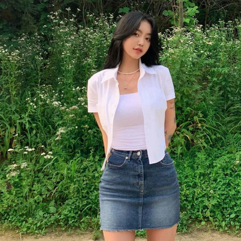 MEXZT White Basic Shirts Women Preppy Style Short Sleeve Slim Blouses Student Korean Office Lady Sexy Crop Tops Work Wear