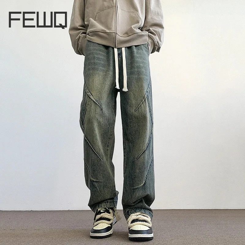 

FEWQ Men Jeans Spring American Loose High Street Washed Vintage Pleated 2024 Korean Fashion Male Trousers Casual 24X8381