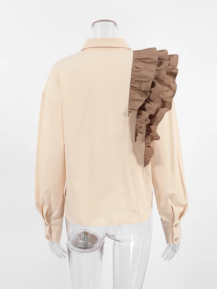 Mumaroho 2023 Autumn Winter Women Shirt Solid Khaki Casual Long Sleeve Ruffles Blouse Female