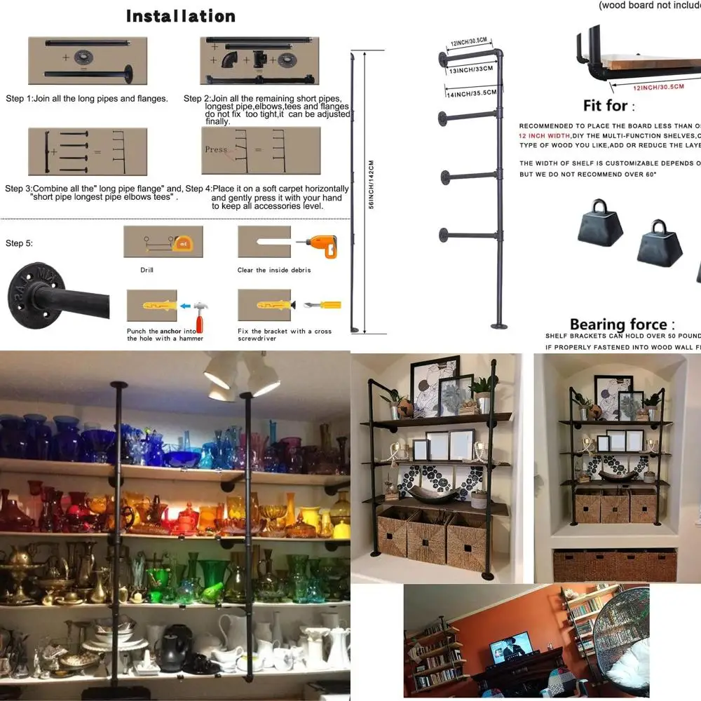 

Vintage Style Wall-Mounted Iron Pipe Shelving Brackets for DIY Storage Solutions in Home, Office, or Kitchen (2-Pack, 4-Tier, 56