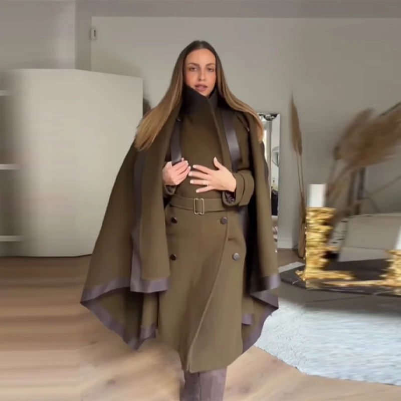 

Шикарный комплект: пальто-накидка цвета хаки для женщин, двубортный длинный жакет с лацканами, свободный элегантный плащ, новинка 2026 года, женская уличная одежда
