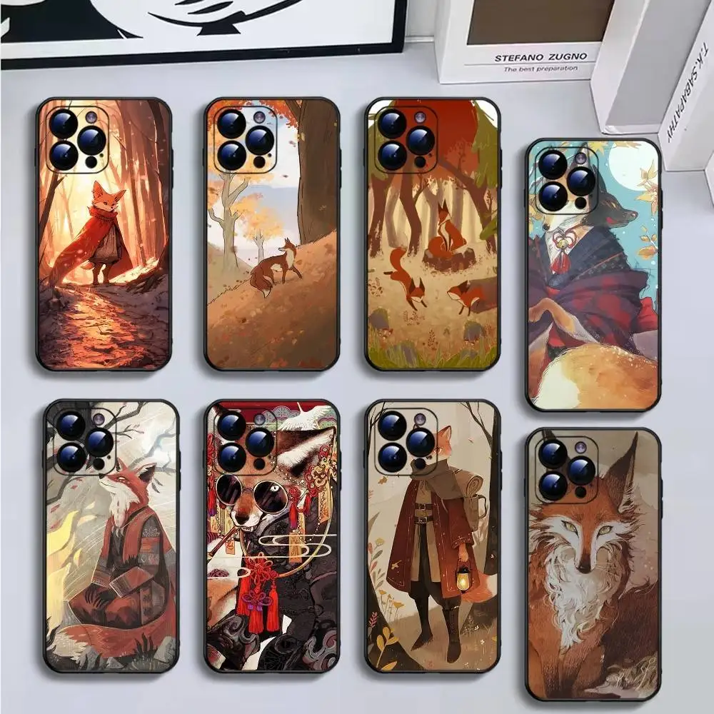 

Fox And Goblin Illustration Phone Case For iPhone16,15,14,13,12,11 Plus,Pro Max,XS,X,XR,SE,Mini,8,7,Soft Silicone Black Cover