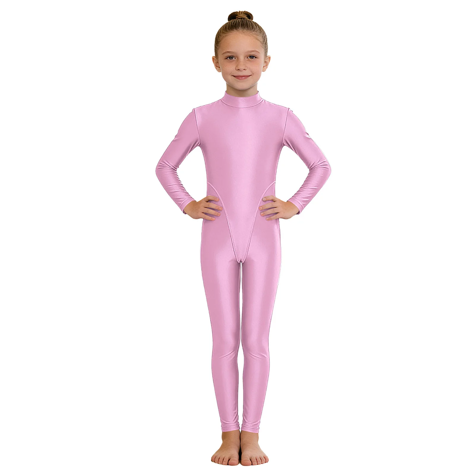 

Kids Girls Figure Skating Dance Gymnastics Jumpsuit Glossy Mock Neck Long Sleeve Zipper Bodysuit for Yoga Training Performance