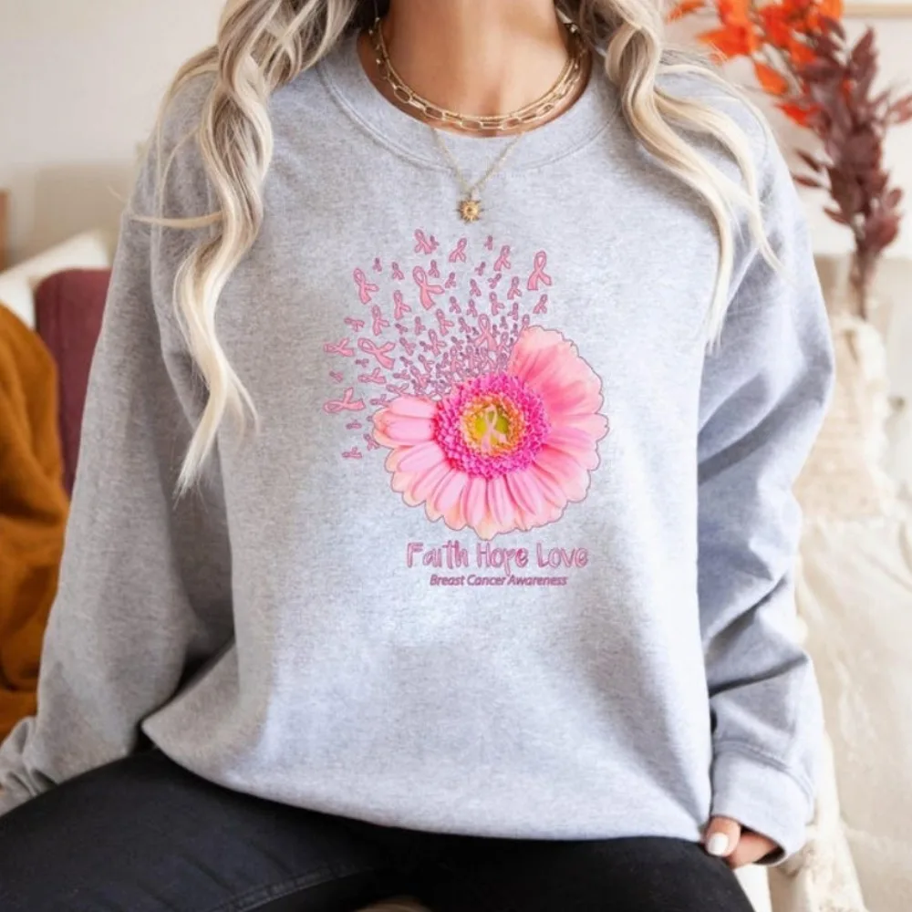 Breast Cancer Awareness Sweatshirt in October We Wear Pink Crewneck Faith Hope Love Sweater Daisy Creative Women Streetwear