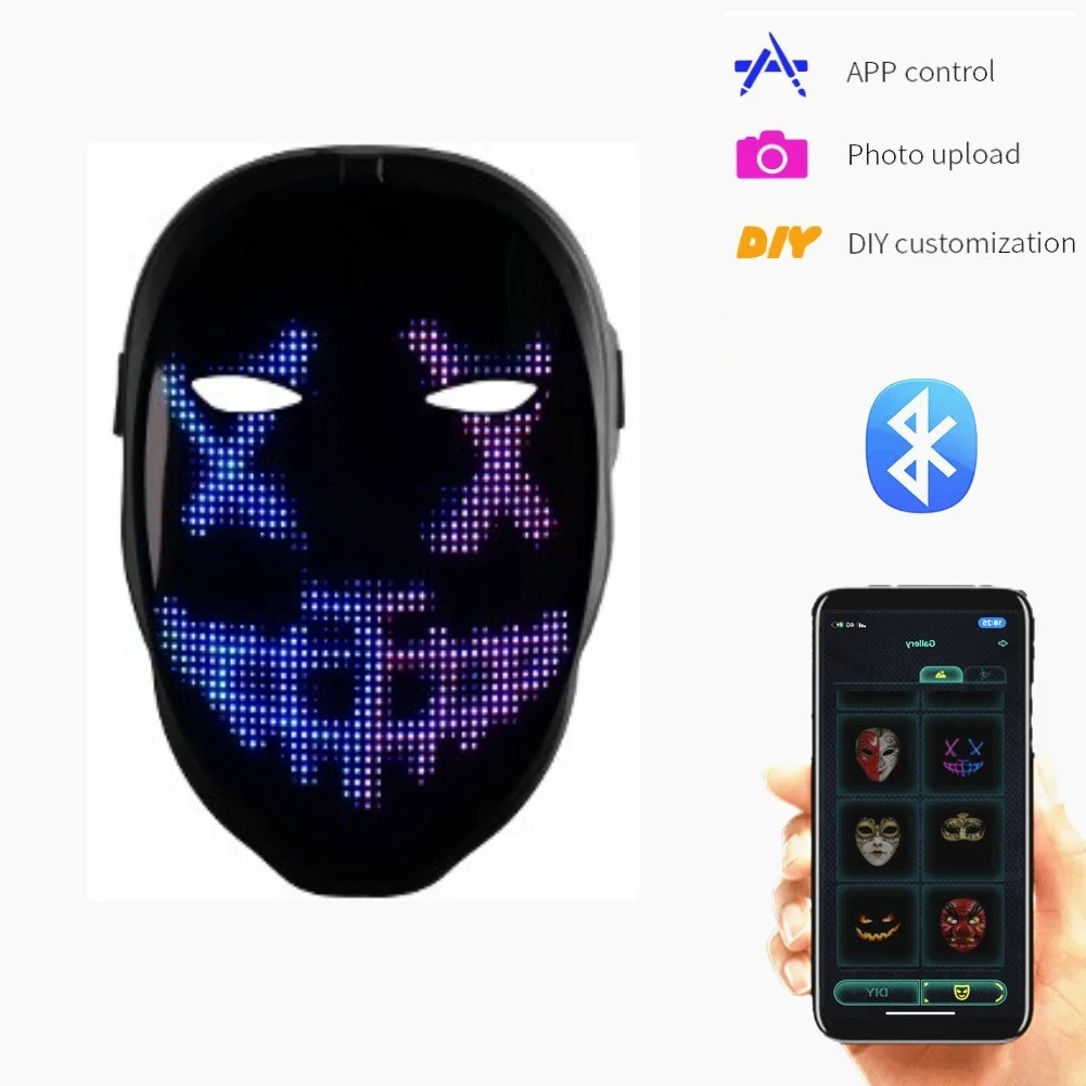 1PC Bluetooth-compatible Halloween Mask LED Luminous Masks Carnival Festival Changing Face Light Up Party Christmas Mask Decor