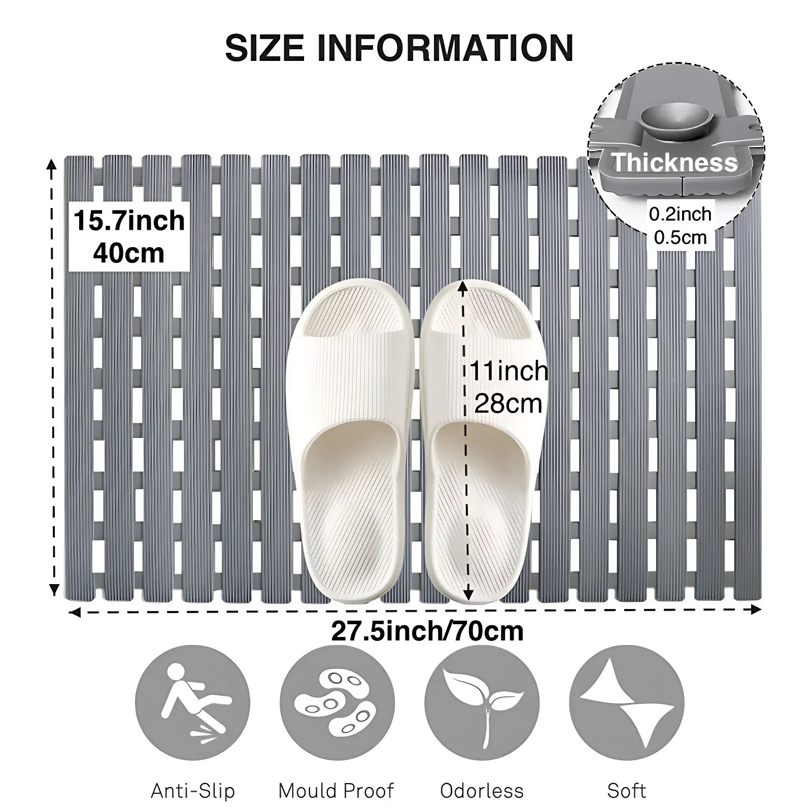 1pc Bathtub Mat Non Slip, Shower Mat for Inside Shower, Suction Cups Design and Drain Holes, 27.5 X 15.7 Inch / 40x70cm Safe Mat