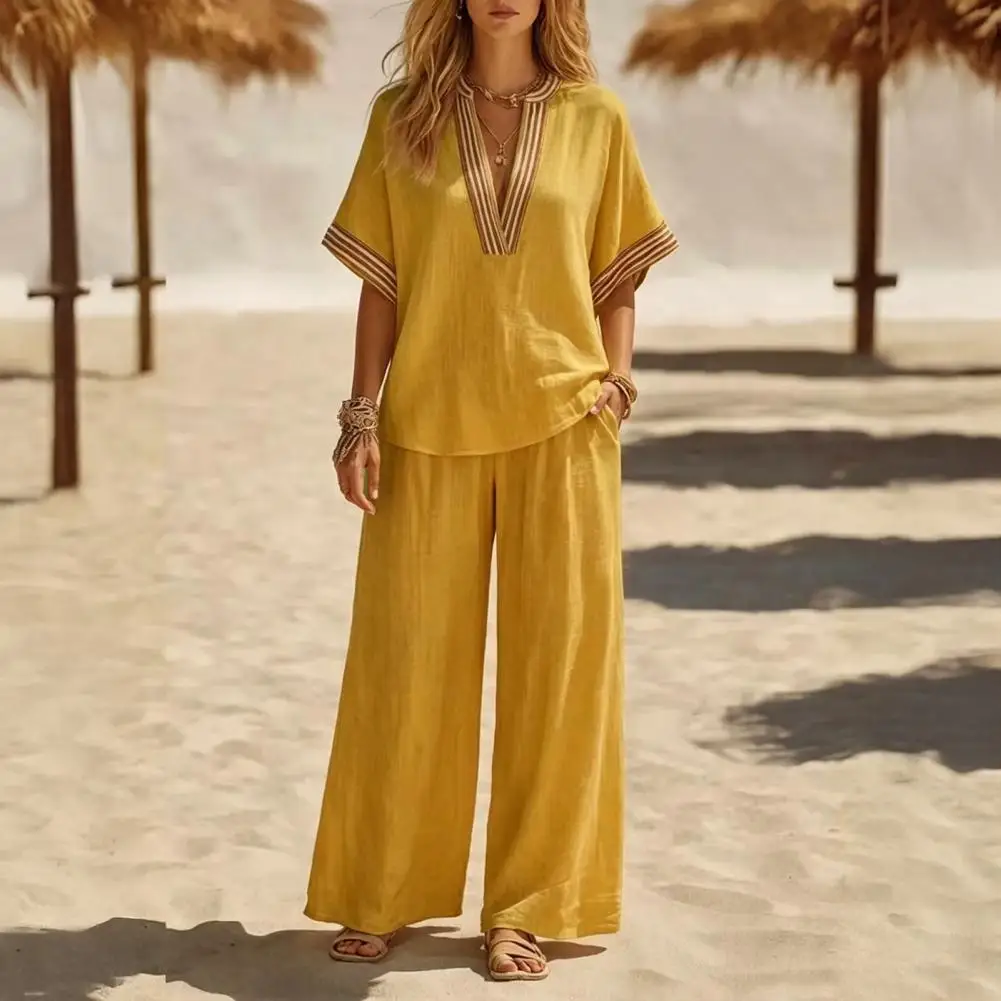 Color Block 2 Piece Sets for Women, Short Sleeve V Neck Top And Wide Leg Pants Matching Sets, Summer Vacation Lounge Outfits
