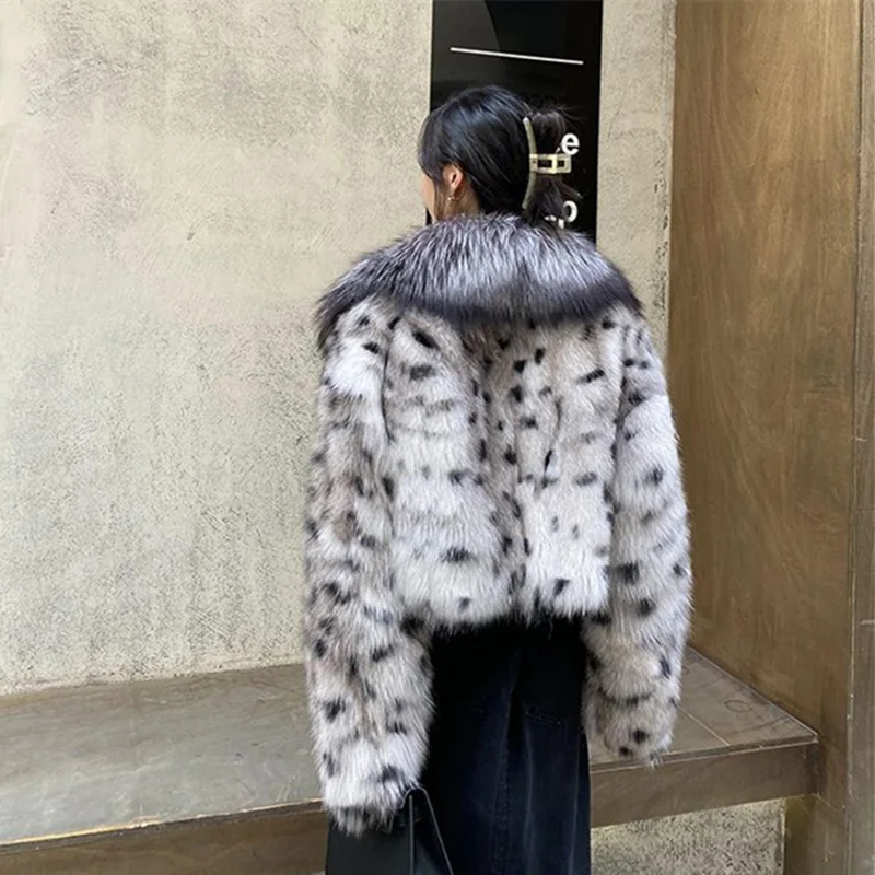 Winter Warm Open Stitch Plush Thick Overcoat Women Big Faux Fox Fur Neck White Dot Leopard Cardigan Ladies Thick Short Coat