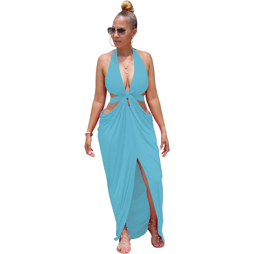 Women's Dress Sexy Solid Color Hanging Neck Deep V Split Waist Night Shop Dress 2024 Summer