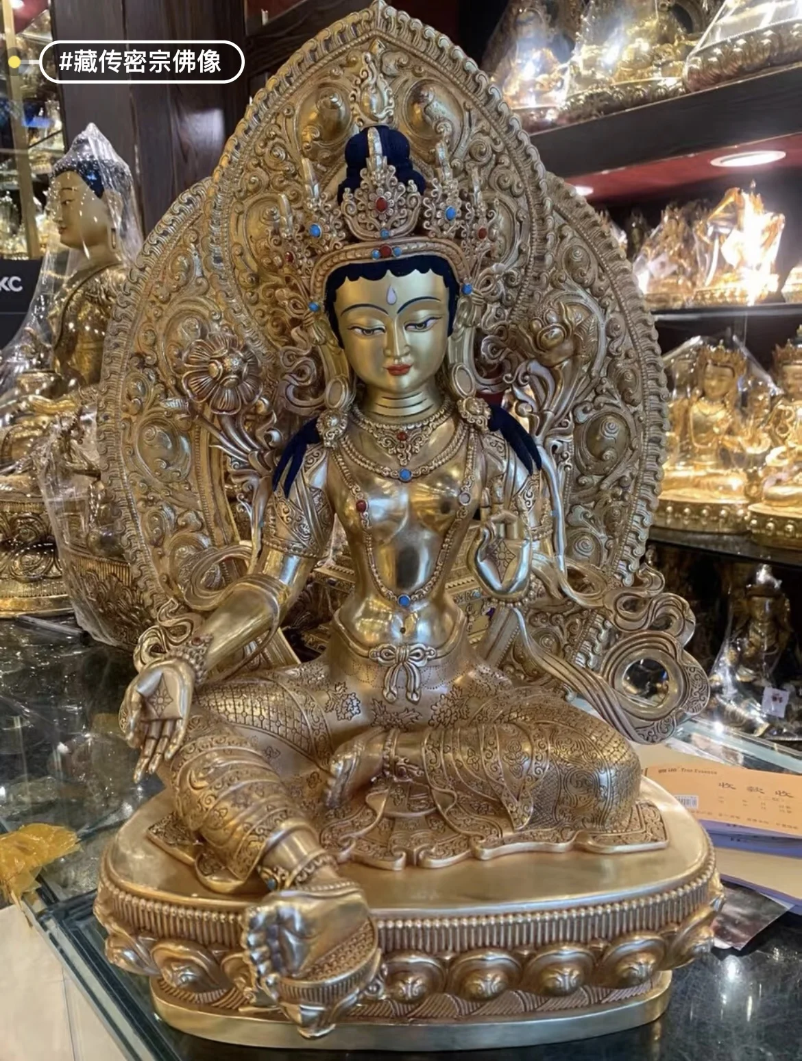 Buddhism High quality  gold gilding Tibet Guru Green Tara Guanyin Goddess Buddha brass statue HOME family effective protection