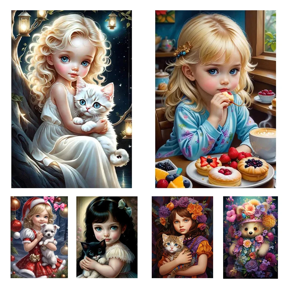 

Diamond Painting Animal Cat Cross Embroidery Cute Girl 5D DIY Diamond Embroidery Colorful Mosaic Room Home Decoration Gift