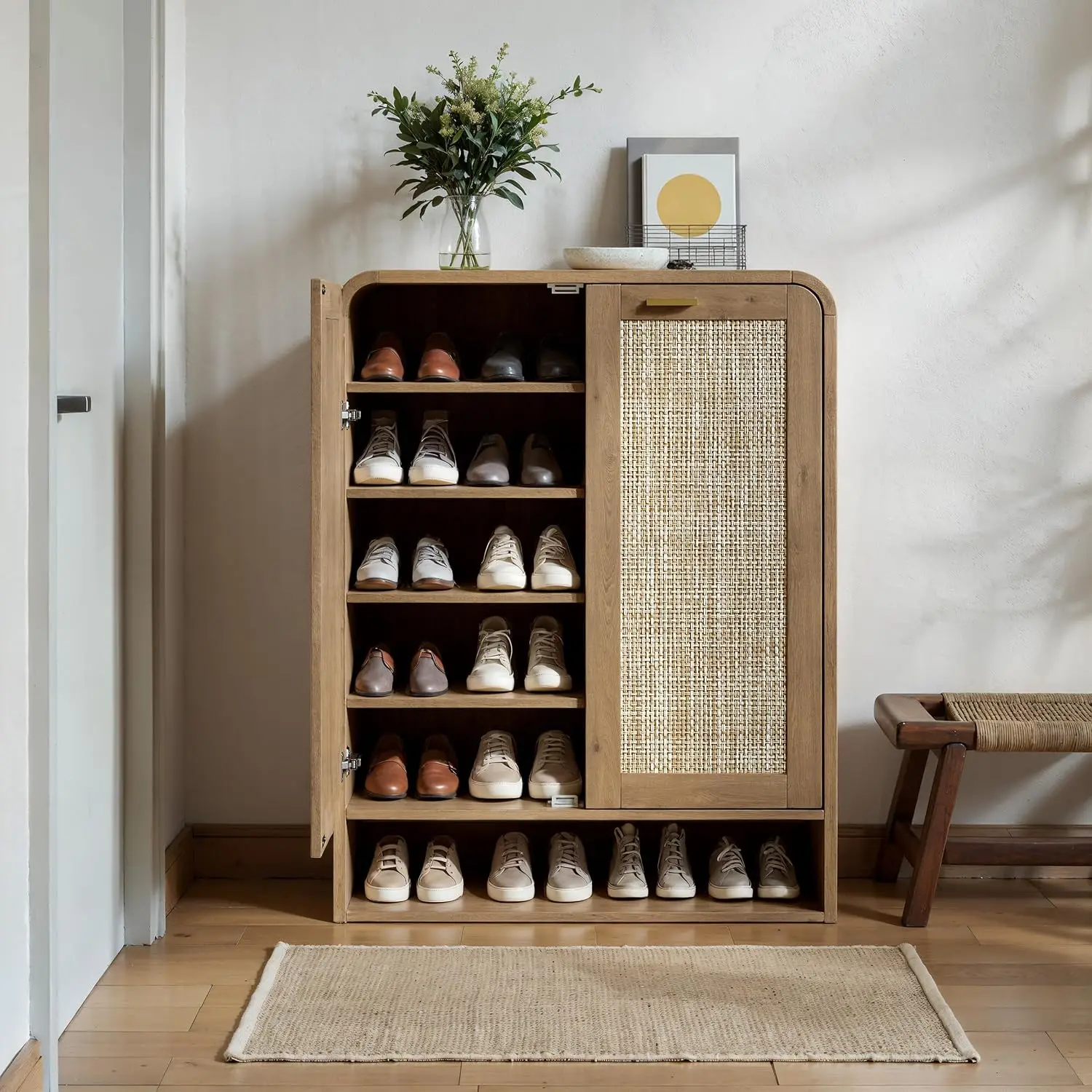 41 Inch Rattan Shoe Cabinet Holds 24 Pairs, Caramel Oak, Customized