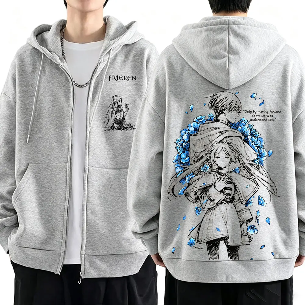 Frieren Himmel Anime Frieren Beyond Journey's End Zipper Hoodies Men's Clothing Vintage Long Sleeve Zip Up Sweatshirts Jackets