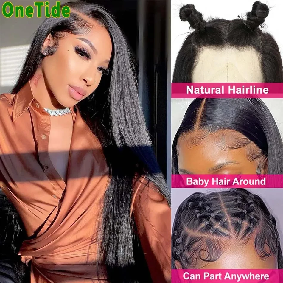 ONETIDE-Peluca de cabello humano liso para mujer, postizo de encaje Frontal transparente de 34 pulgadas, 13x4, con cierre