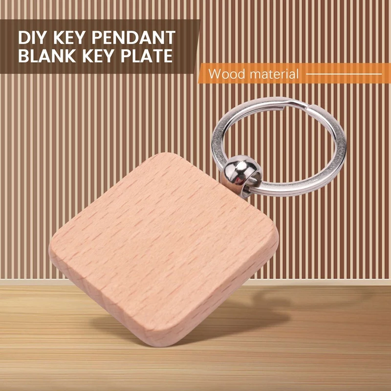 50Pcs DIY Blank Wooden Keychain Square Carved Key Ring Wooden Key Ring 40 X 40 Mm