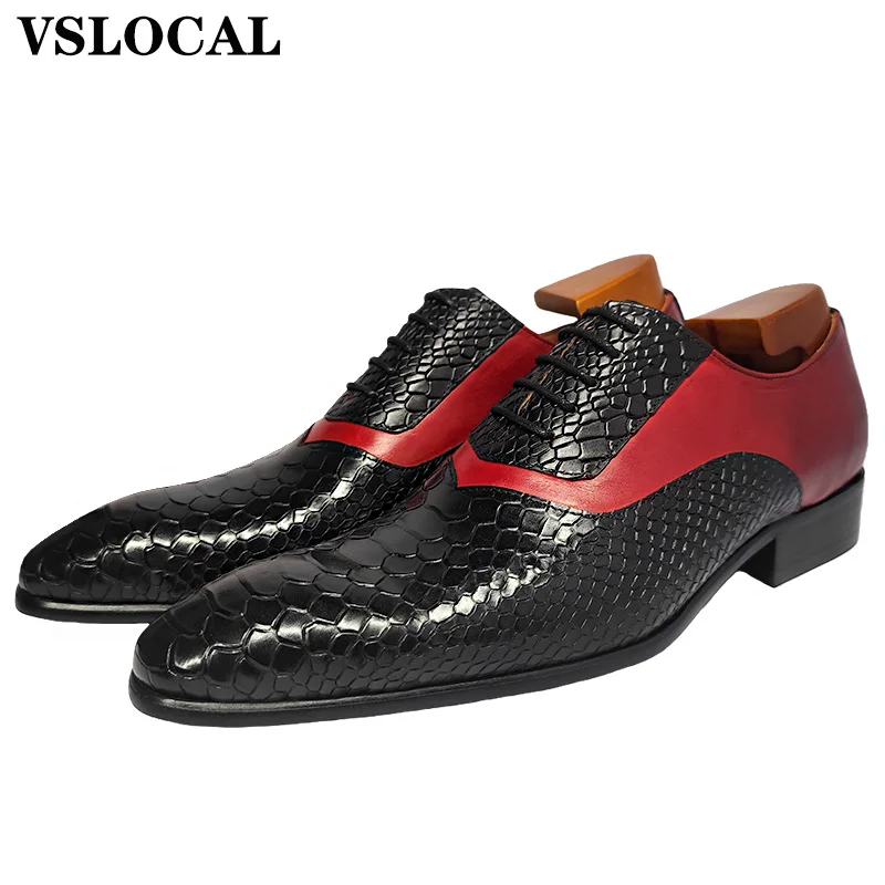 2025 Winter Men Leather Shoes Black Red Green Snake Print Lace Up Casual Dress Shoes Wedding Office Oxford Shoes For Men