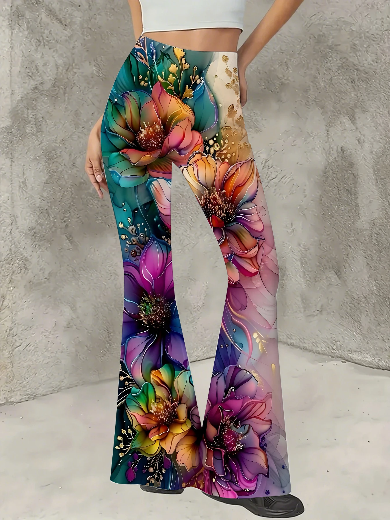 

Women's Print Flare Pants Casual High Waist Knit Bell Bottom Trousers Boho