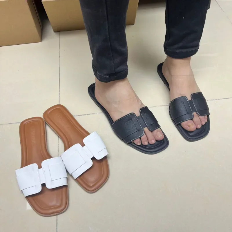 Causal Flat Woman\'s Slippers Peep Toe Outside Street Female Beach Shoes 2024 Summer Soft Leather Brand Design Ladies Slides