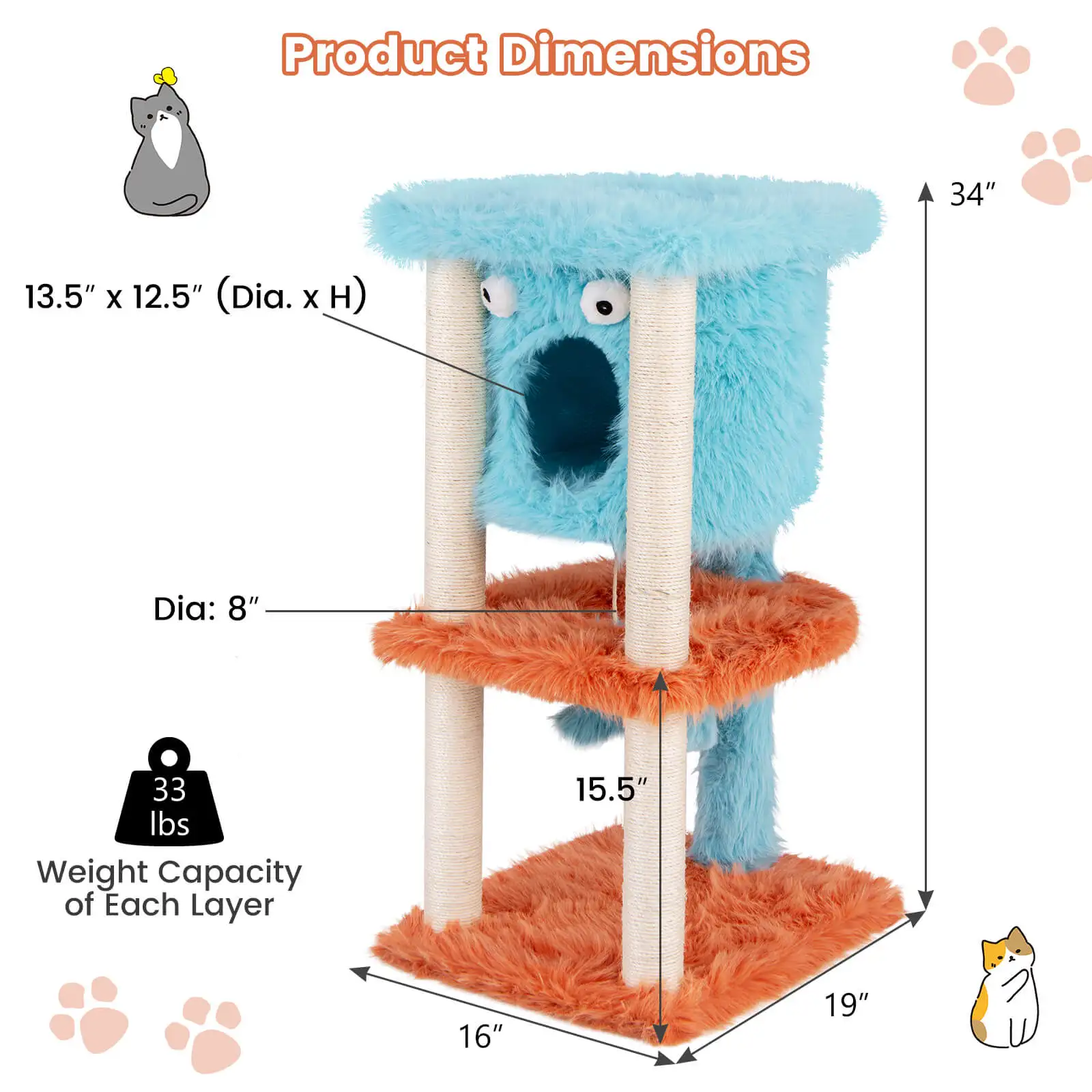 Monster-Themed Cat Tree w/ Private Condo Soft Long Plush Sisal Scratching Posts