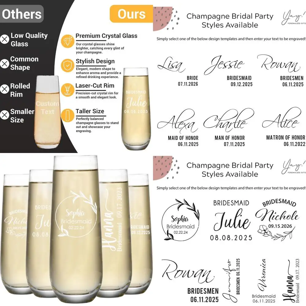 

Очки для шампанского без ножек с монограммой на заказ - набор свадебных тостов для подружки невесты с гравировкой (5 шт.)