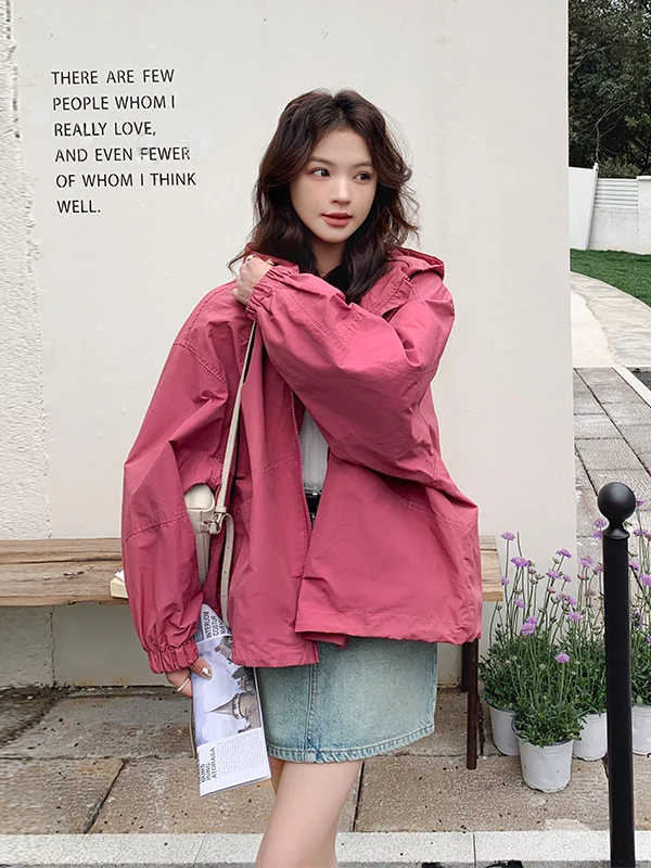 Roze Jaet-jas met capuchon voor dames, outdoor, casual, losse pasvorm, lange mouwen, ritssluiting, pure kleur, lente, herfst, nieuwe collectie