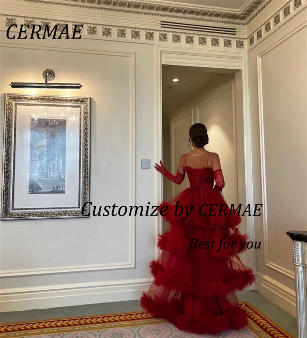 Cermae Red Ruffled Tulle Prom Jurken Lange Een Lijn Uit De Schouder Tiered Floor Lengte Avondjurken Formele Party Dress