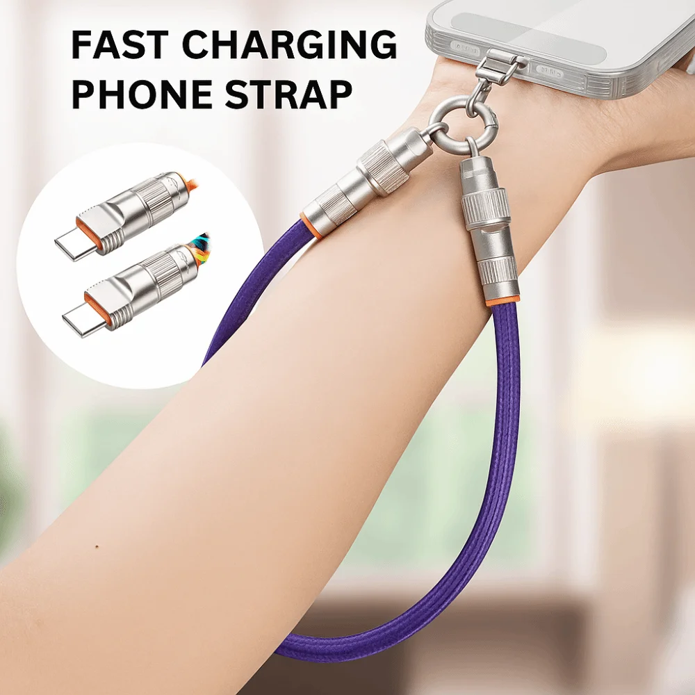 Type C Data Cable Mobile Phone Lanyard 2 in 1 Anti-lost Fast Charging Phone Strap with Patch Braided Phone Hanging Rope