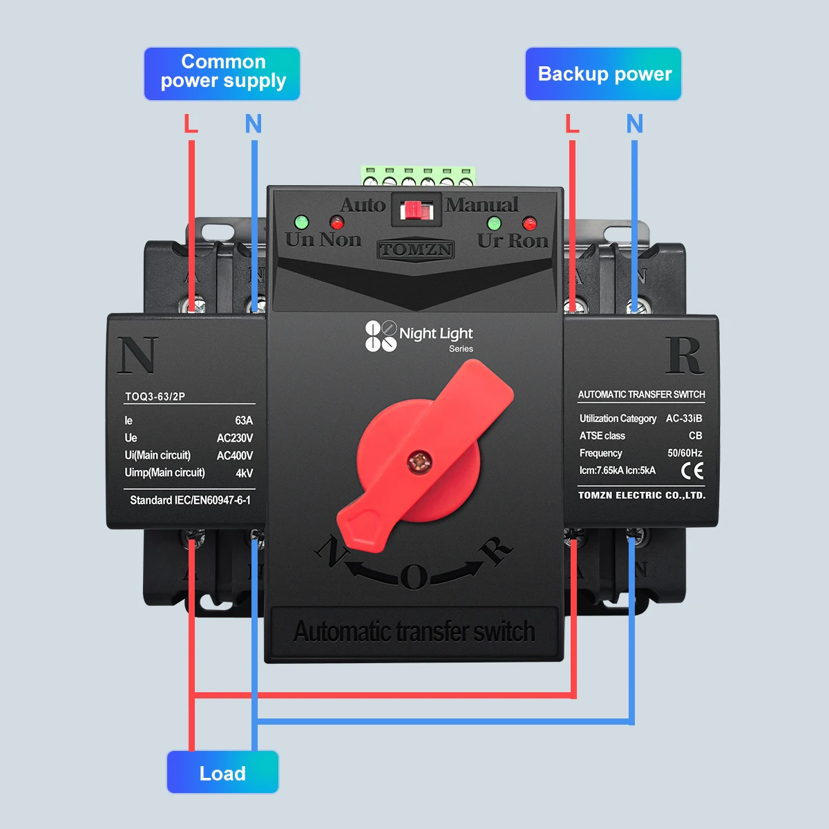 TOMZN night light series 2P 63A 125A 220V 230V 50/60Hz MCB type Dual Power Automatic transfer switch ATS 2 input 2 output