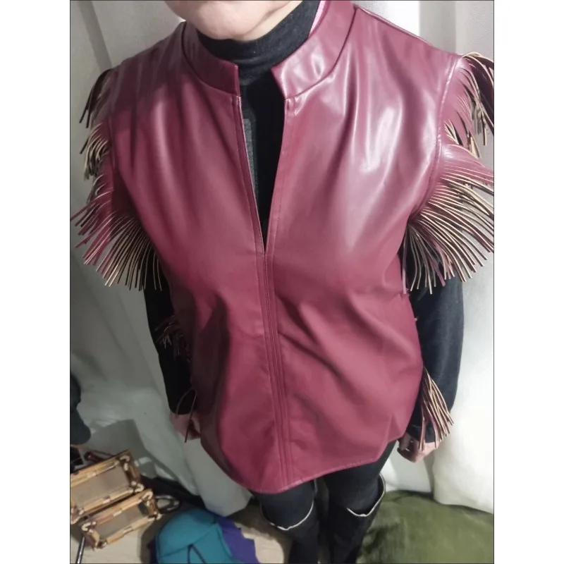 Maillard Fashion Retro High Sense Ankola Red Fringed Leather Jacket Vest Women High Quality and High Appearance Level Jackets