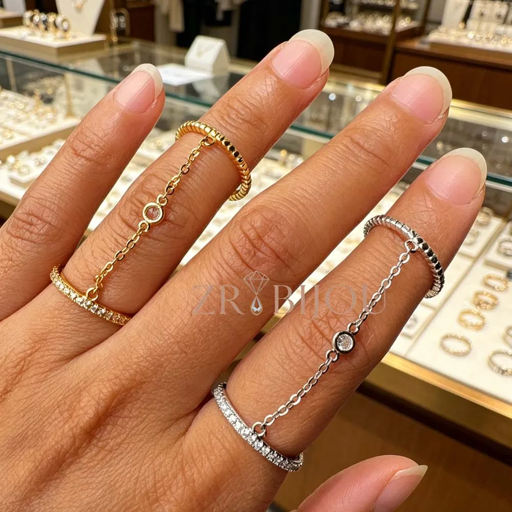 2026 Micro Paved 5A CZ Round Tassel Link Chain Ring for Women High Quality Fashion Elegant Double Full Finger Jewelry
