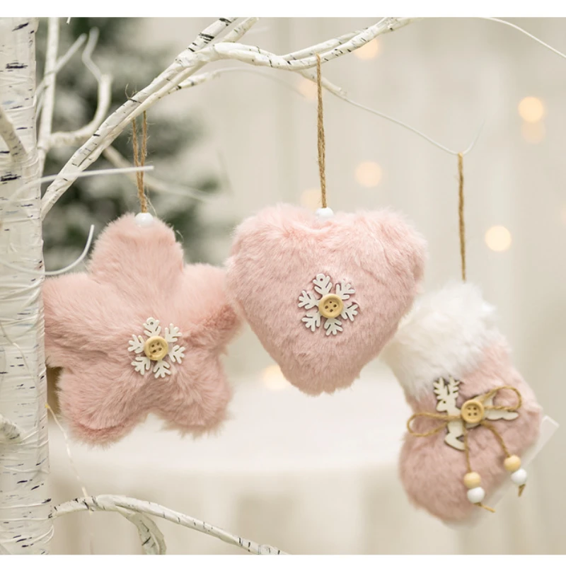 Nuevas decoraciones navideñas de felpa, lindas estrellas blancas y rosas, colgante para árbol de Navidad