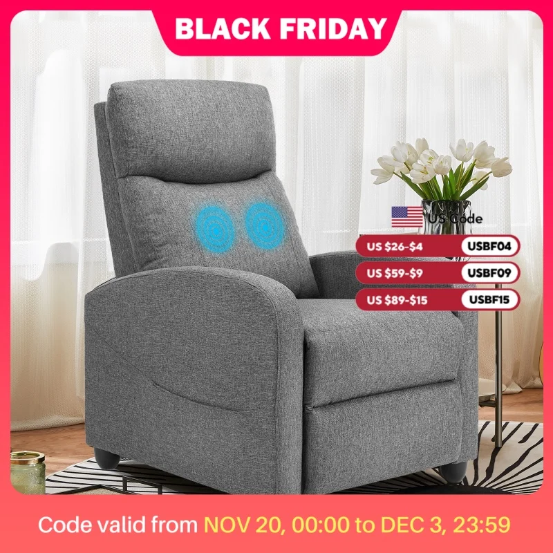 JHK Recliner Chair Massage Sofa Fabric Theater Lumbar Support Adjustable Modern Padded Seat Backrest Living Room Home Grey