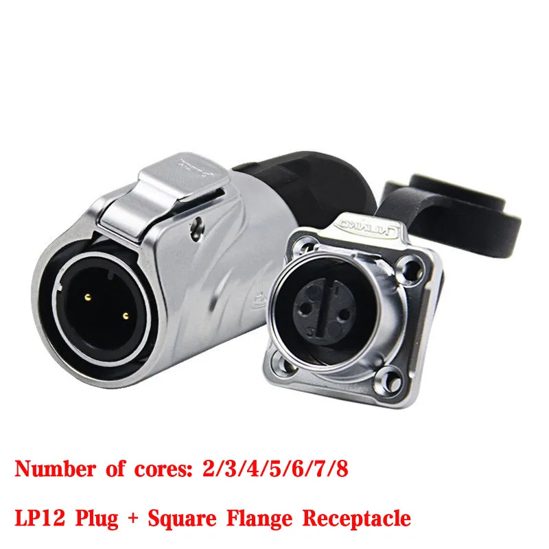 LP12 Waterproof Aviation Connector Metal Square Flange Plug Socket 2 3 4 5 6 7 8 Pin IP67 Panel Mount
