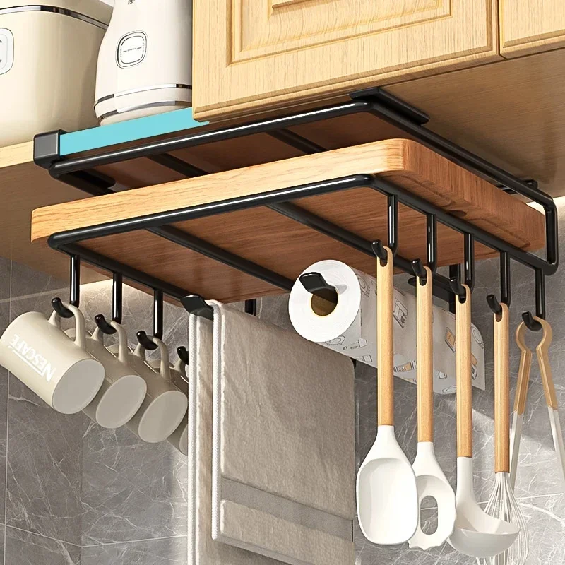 Kitchen Hanging Organizer Rack with Hooks Under Cupboard Paper Towel Rags Hanger Cutting Board Pot Cover Holder Storage Shelf image 6