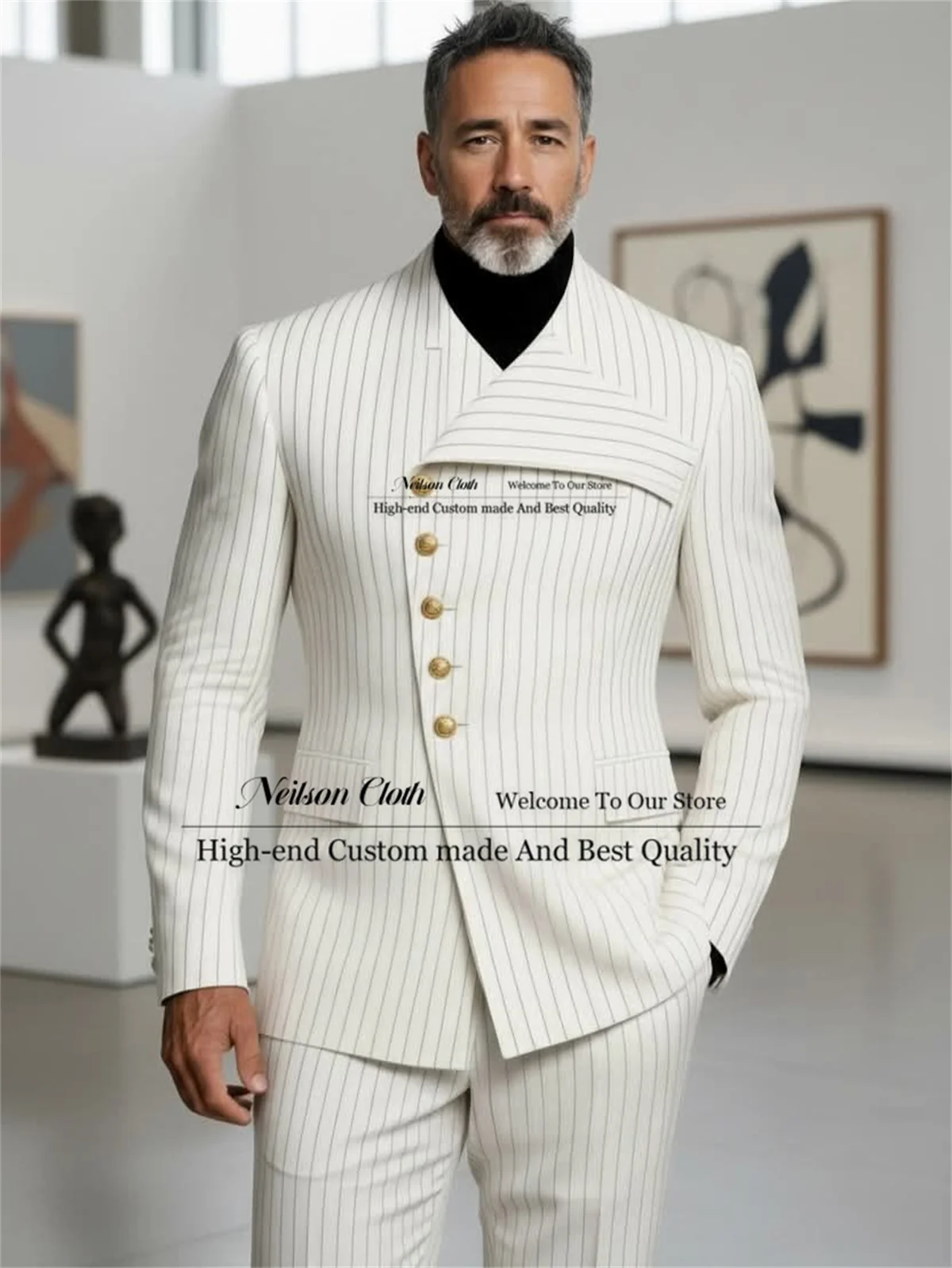 

White Stripe Male Prom Blazers 2 Pcs Sets Slim Fit Groom Wedding Tuxedos Business Single Breasted Customized Terno Masculino