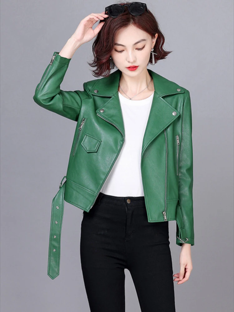 Wiosna Jesień Moda Cool Biker Style Garnitur Kołnierz Krótki Płaszcz Wyszczuplająca Kurtka Skórzana Nowa Kurtka Damska Moto Skórzana