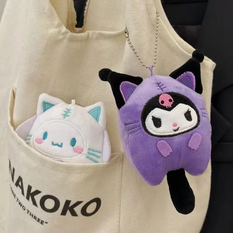 Kawaii Kuromi Cinnamoroll Cross-dressing Cat Doll Keychain My Melody Anime Cartoon Backpack Cute Mini Pendant Children Plush Toy