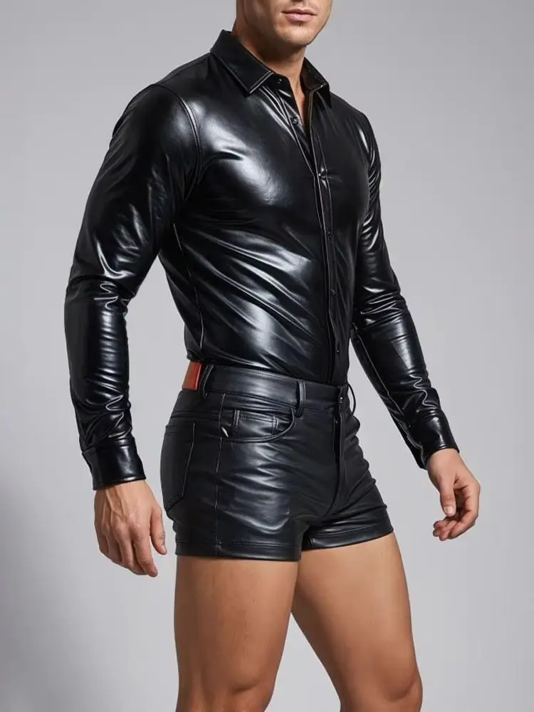 Oil Glossy Elastic PU Leather Long Sleeve Shirts Tight Motorcycle Tshirt Gothic Cosplay Performance Costume Top Overshirt Jacket