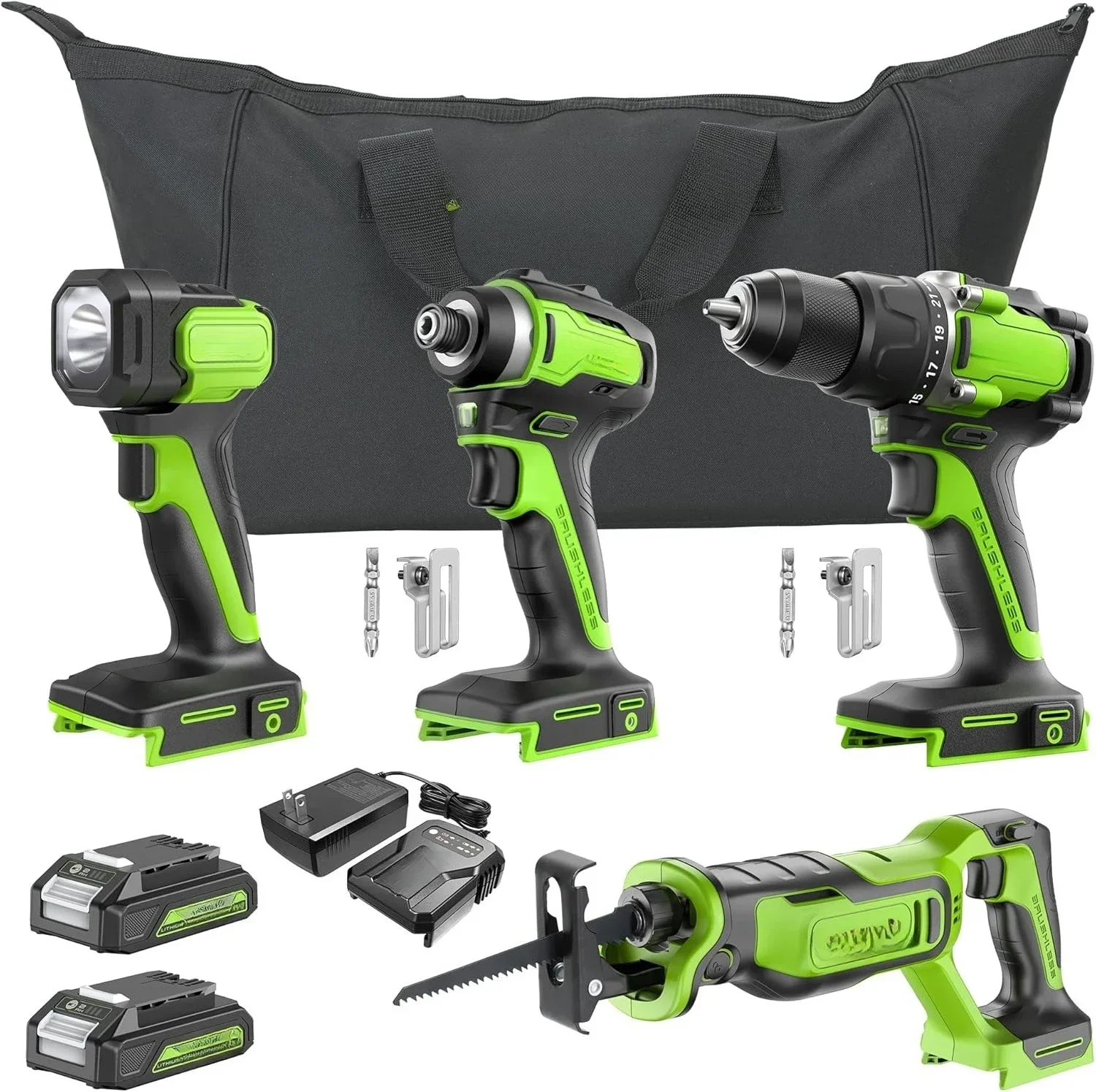 

Комбинированный комплект бесщеточных электроинструментов, 24 В, 4 шт., дрель 530 дюймов, 1/2 дюйма, ударная отвертка 1950 дюйма, 1/4 дюйма, сабельная пила 3000 SPM