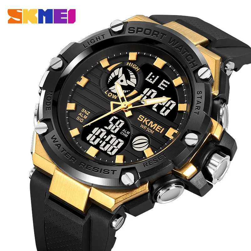 SKMEI Electronic Watches Casual 2 Time Chrono Digital Mens Sport Watches Fashion Large Dial 5Bar Waterproof Wristwatch Clock