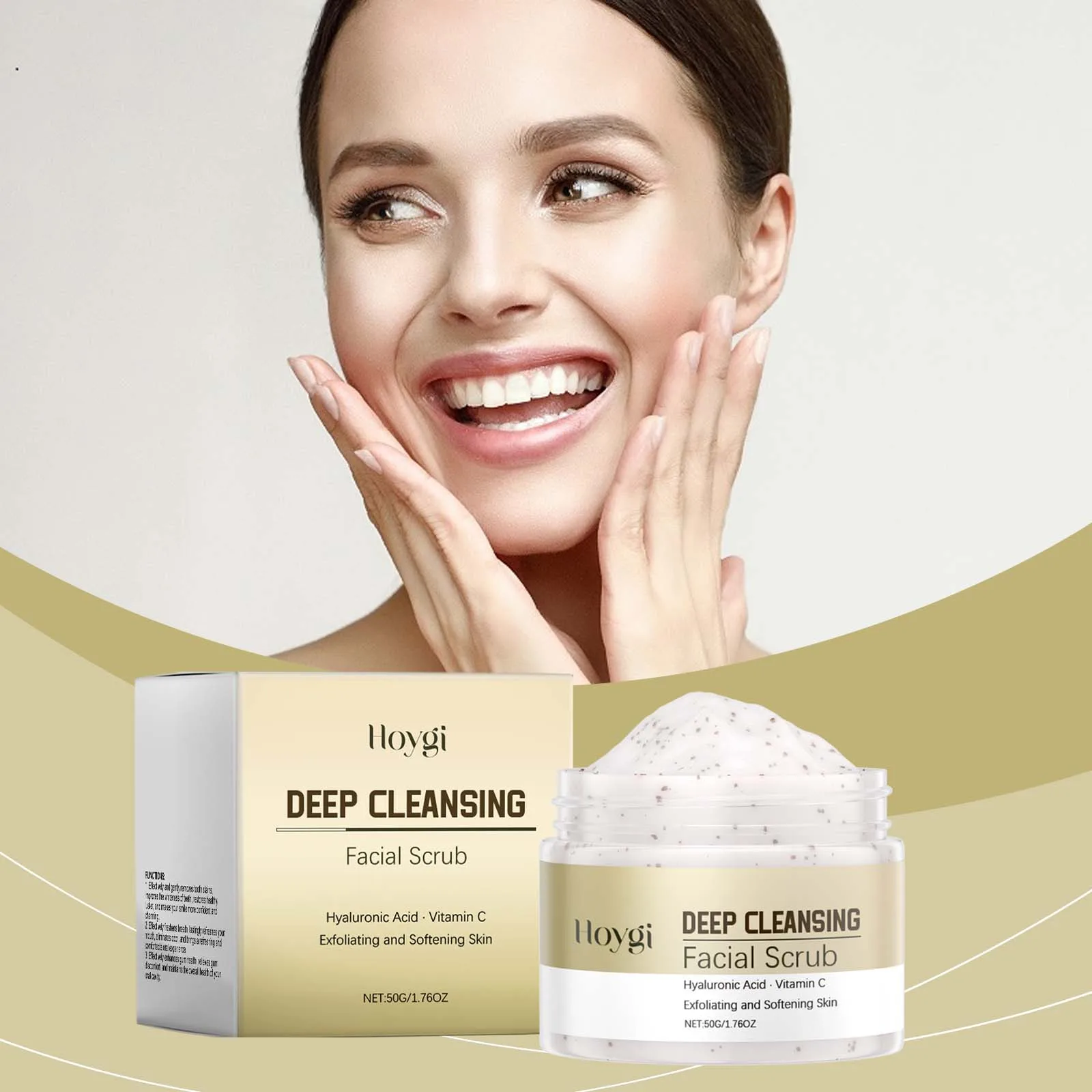 Gommage pour le visage nettoyant en profondeur avec acide hyaluronique et vitamine C - Gommage exfoliant pour peaux lisses, raffinage des pores