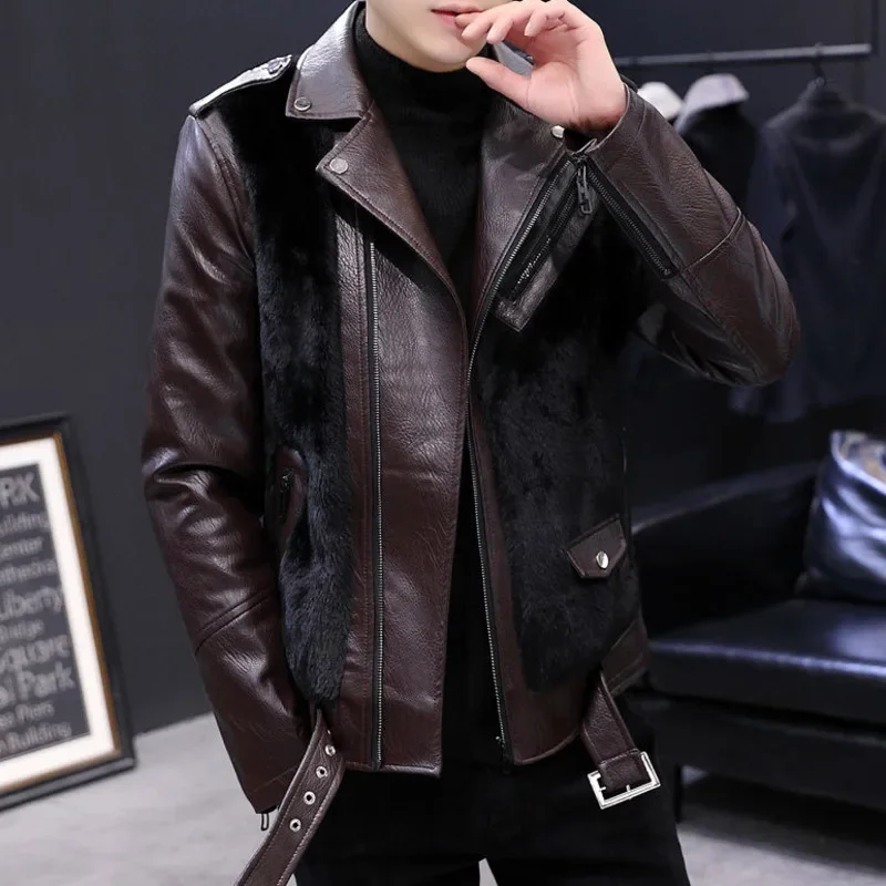 

Casual Social Leather Jacket Male Windbreaker Men Faux Leather Jackets Clothing Fall Winter Coat Men Woolen Black Jacket