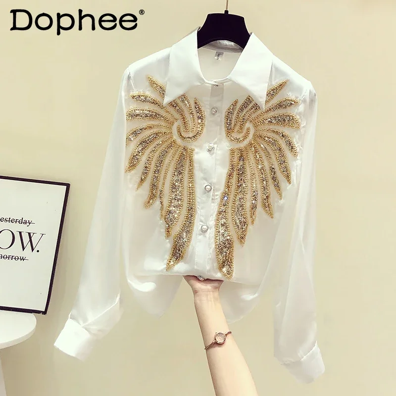 

Heavy Embroidery Sequins Long Sleeve Shirt Women 2022 New Spring Summer Camisas High-End Beaded White Blouse Office Ladies Top